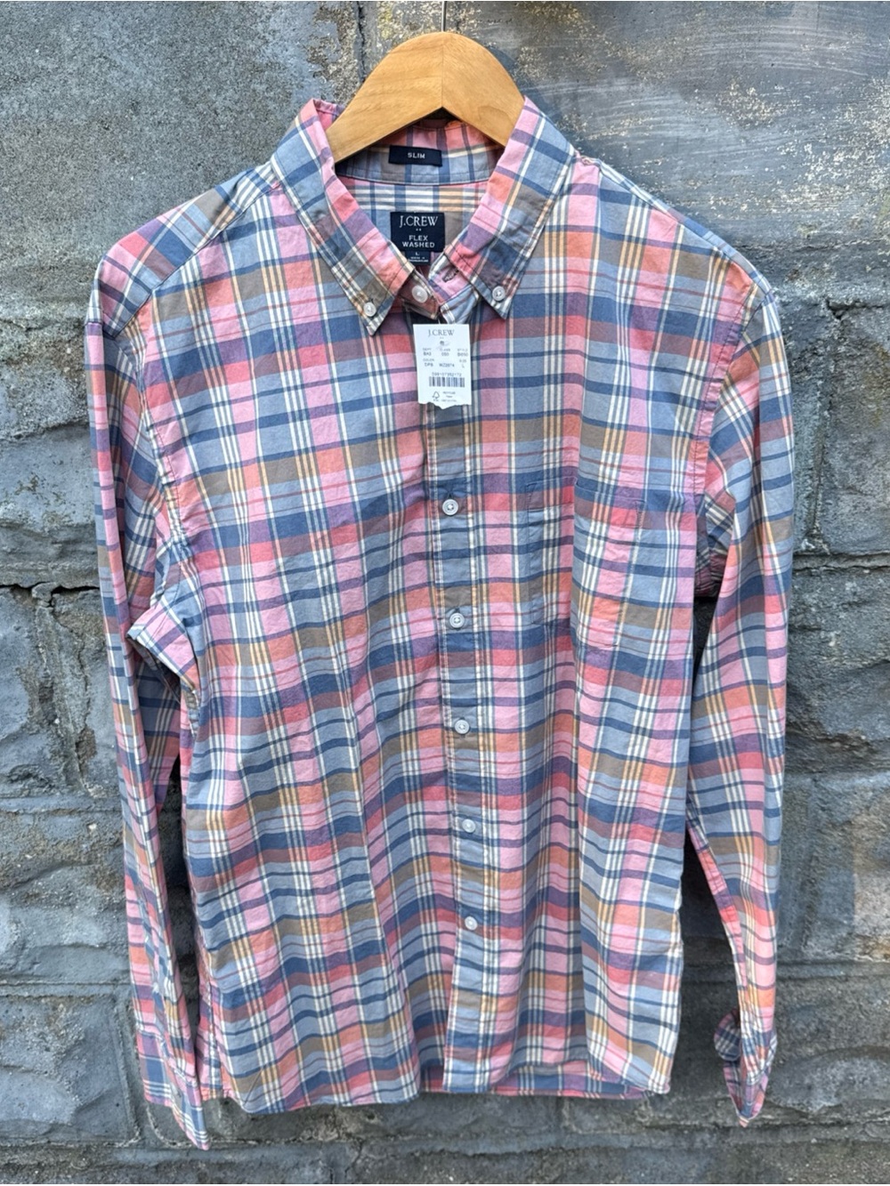 J. Crew Flex Washed Button Down Shirt Large Pink Blue NWT Slim Untucked